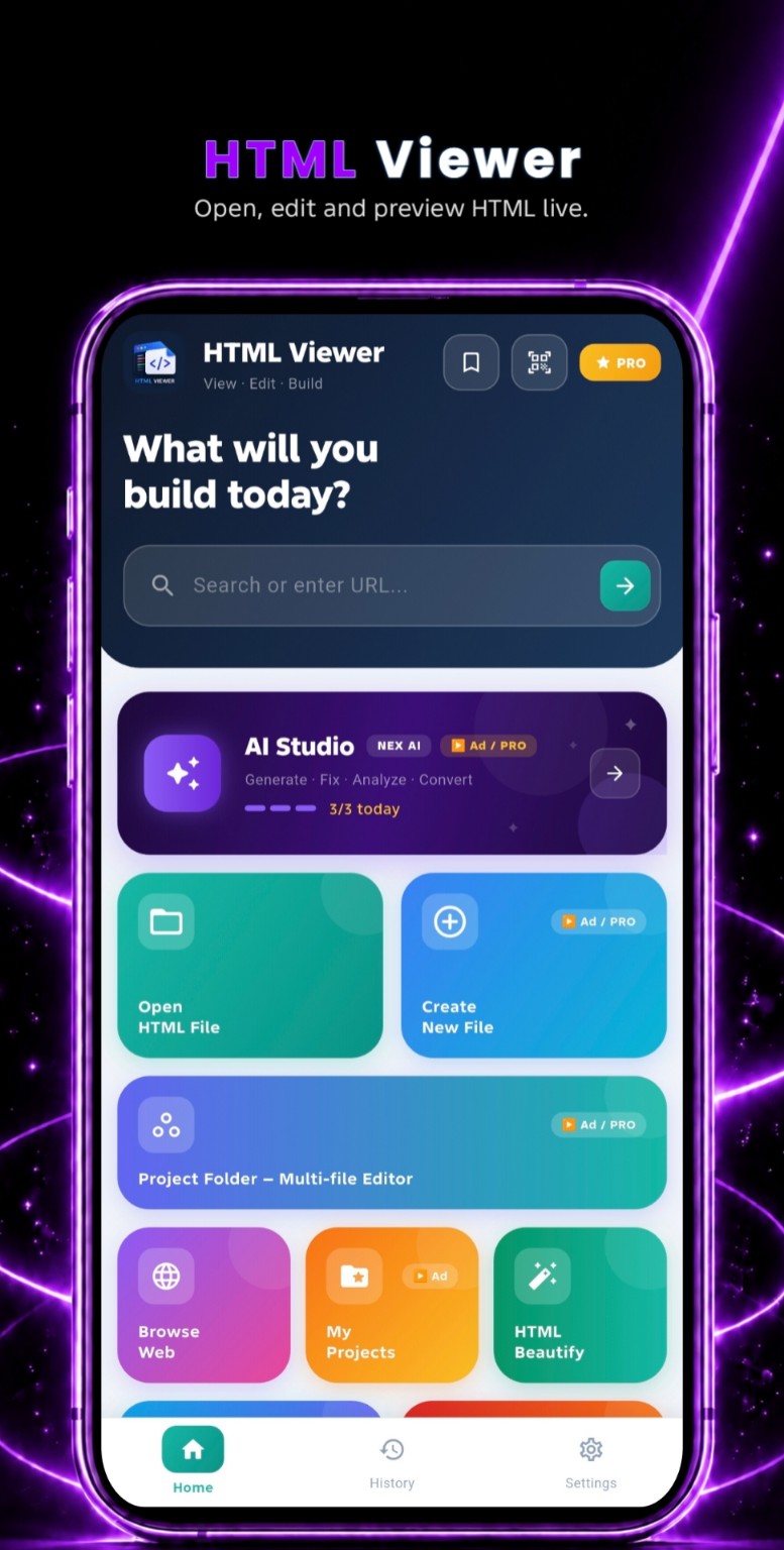 HTML Viewer app home screen with live editing and preview tools
