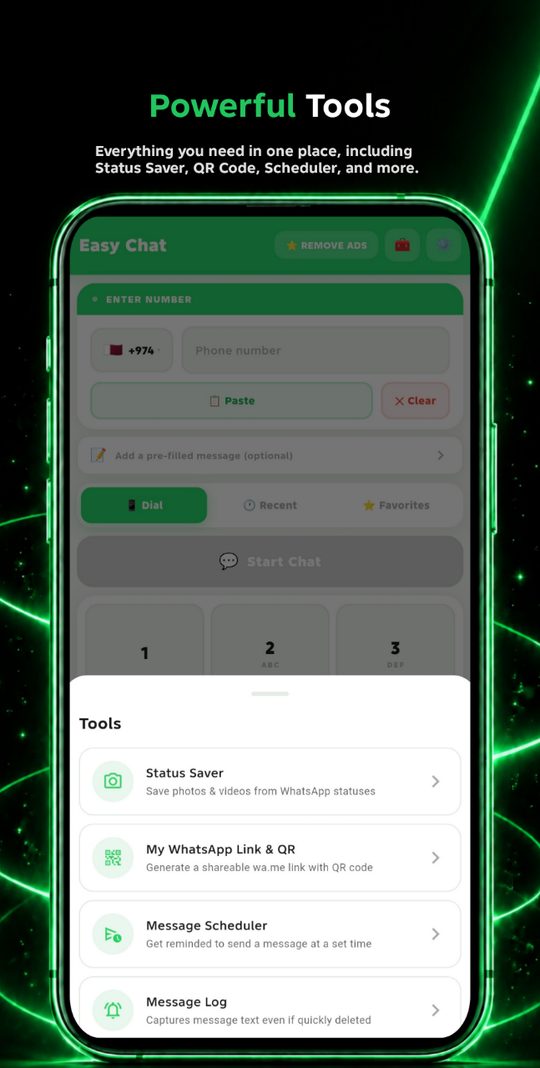 Built-in tools — status saver, WhatsApp link and QR, scheduler, message log