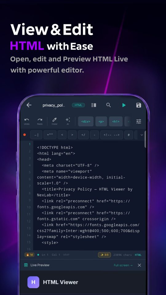 View and edit HTML with live preview