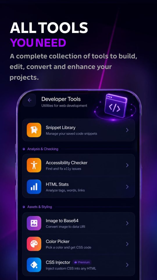 Developer tools — snippet library, accessibility checker, HTML stats