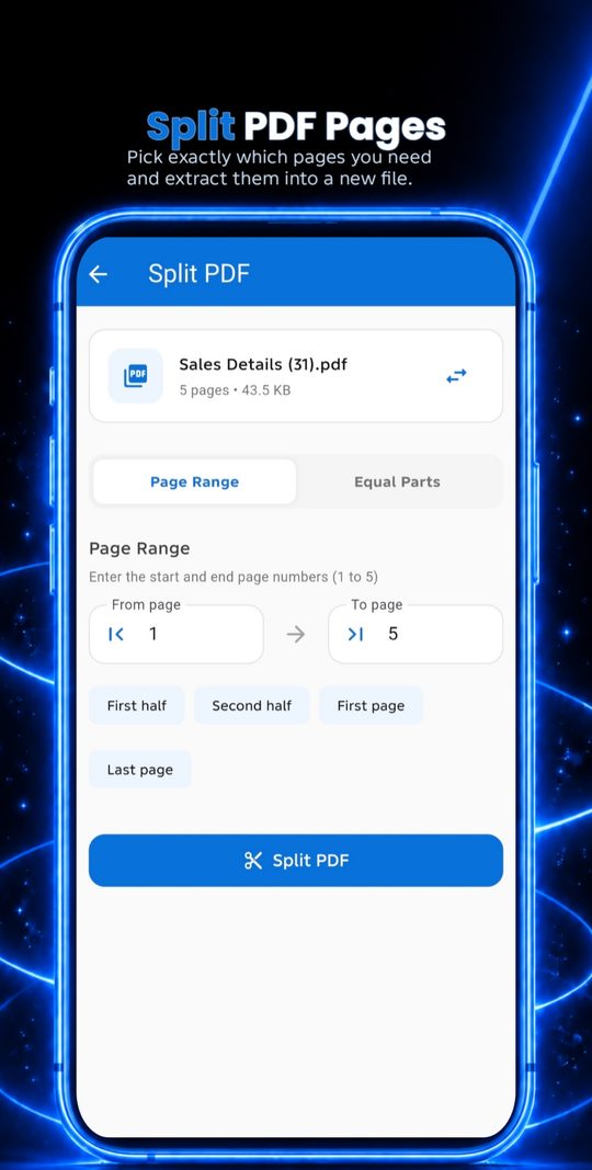 Split PDF pages by range or into equal parts